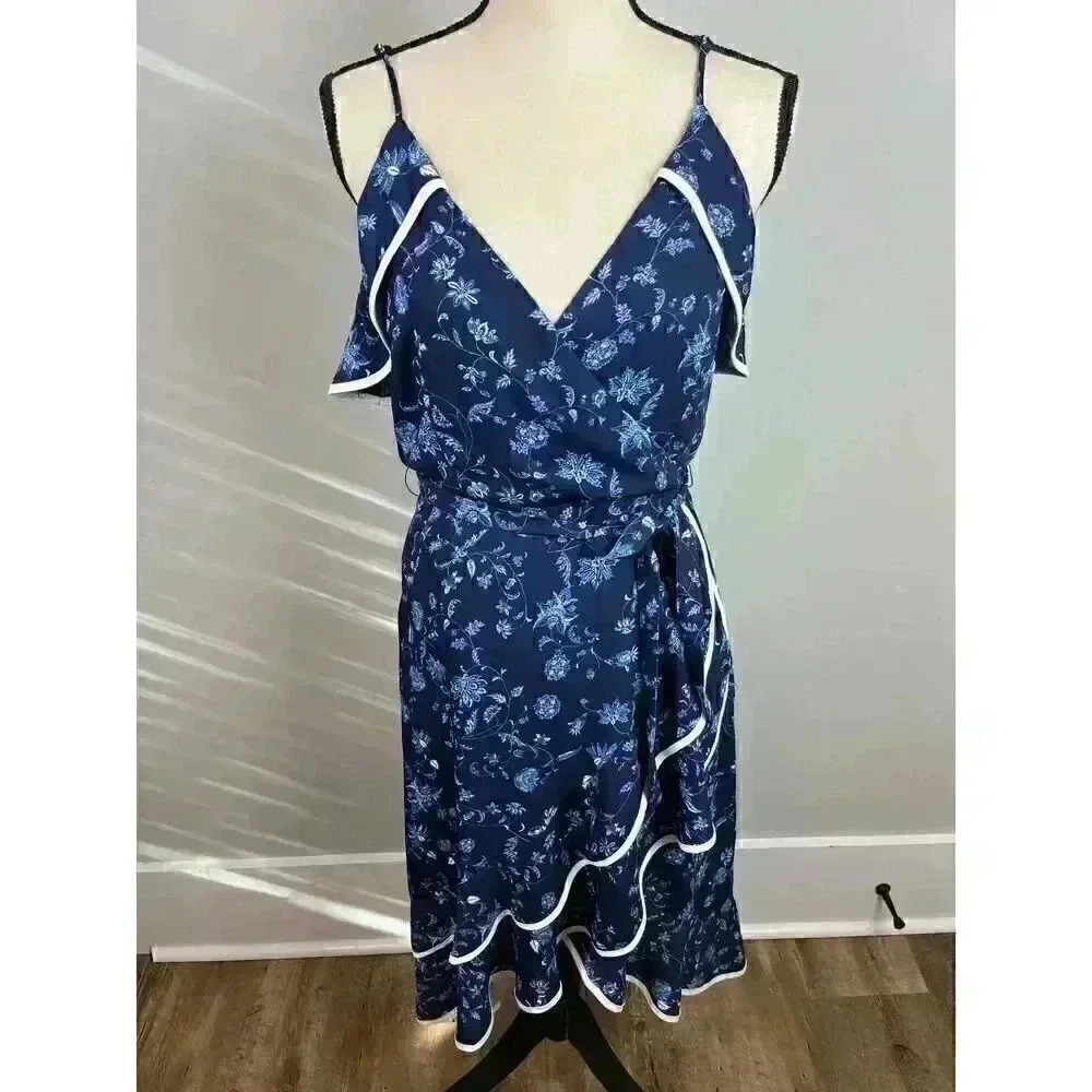 Anthropologie Greylin Wrap Midi Dress Ruffles Sleeveless Tie Blue Women's S